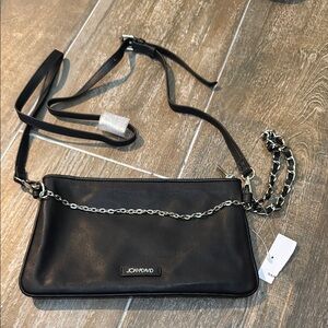 Joan & David Black leather Crossbody Bag with Modern Silver Accents